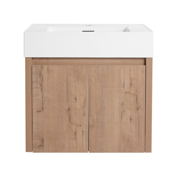 24 in. Wall-Mounted Single Oak Bath Vanity with White Resin Top Unassembled