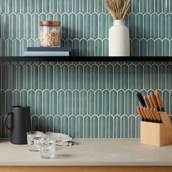 Medley Feather Marine Blue 11.41 in. x 12.87 in. Glossy Ceramic Mosaic Wall Tile (1.01 sq. ft./Each)