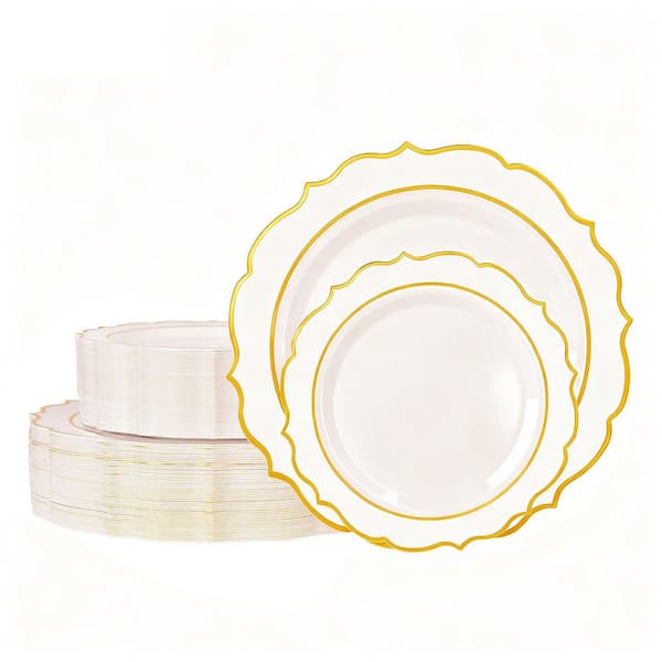 White Floral Embossed Gold Rim Heavy-Duty Plastic Disposable Dinner and Dessert Party Plates (120-Piece)
