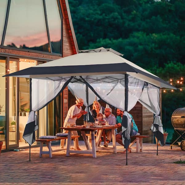 JEAREY 13 ft. x 10 ft. Khaki Soft Top Aluminum Outdoor Patio Gazebo with Netting and Curtains