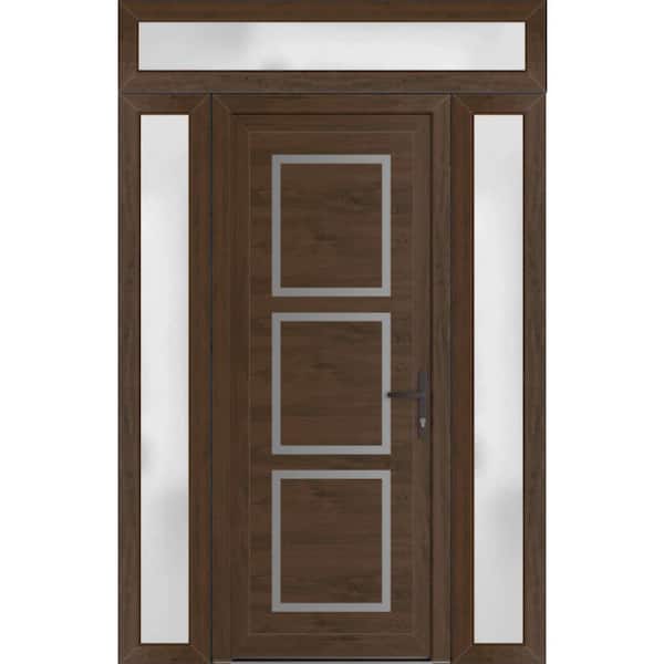 VDOMDOORS 64 in. x 94 in. Left-hand/Inswing Frosted Glass Walnut Steel Prehung Front Door with Hardware