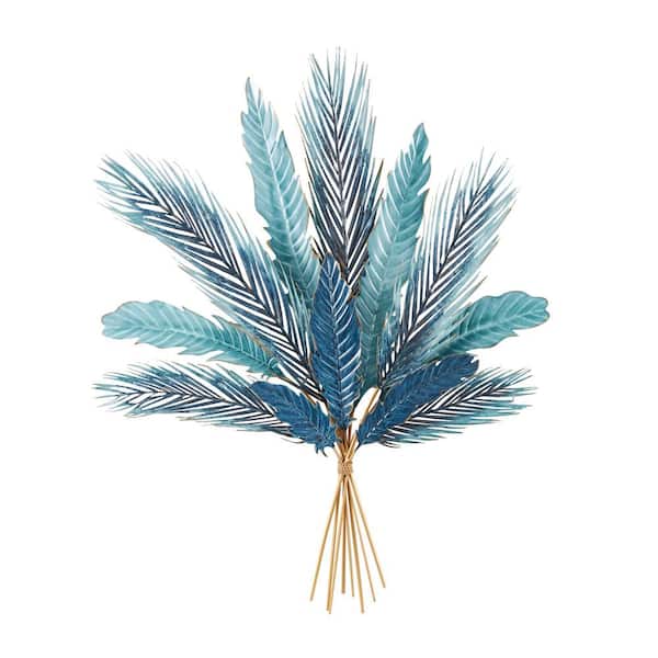 Litton Lane Metal Blue Bundle Leaf Wall Decor with Gold Stems
