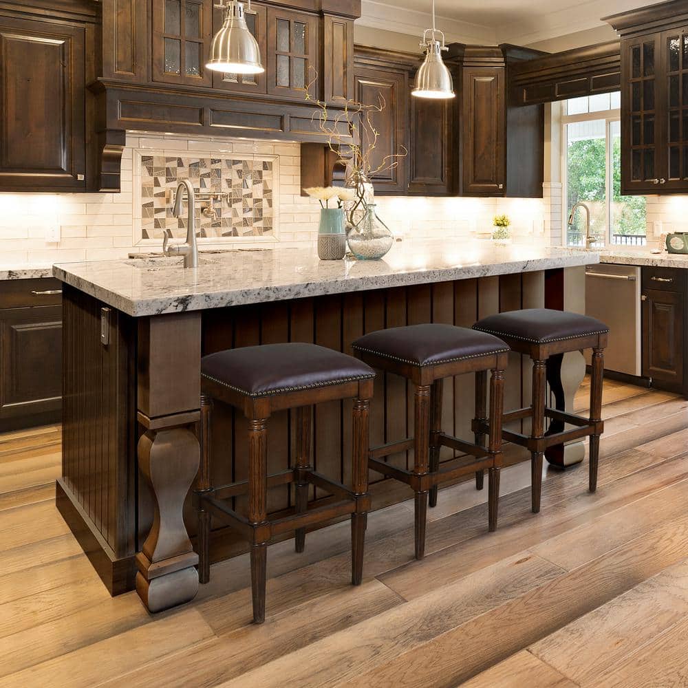 Distressed Walnut 30" Backless Bar Stool with Faux Leather Seat