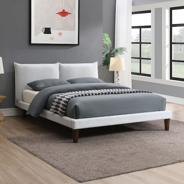 Furniture of America Jaron Gray Wood Frame King Platform Bed with Pillow Top Headboard and Flange Trim
