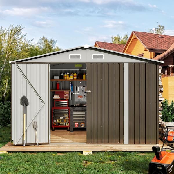 Sizzim 9 ft. W x 7.5 ft. D Gray Metal Storage Shed with Lockable Door and Vents for Tool, Garden, Bike (67 sq. ft.)