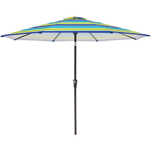 Unbranded 9 ft. Iron Market Tilt Patio Umbrella in Bold Blue and Green Stripe with Push Button Tilt