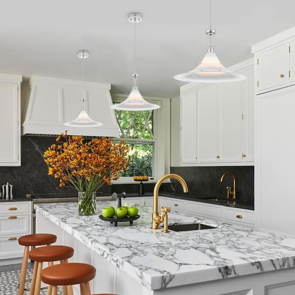 1-Light Modern Chrome Metal Island Pendant Light with White Glass Shade for Kitchen, Dining Room