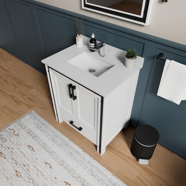 Ziva 30 in W x 22 in D White Bath Vanity, Cultured Marble Top and 28 in Mirror