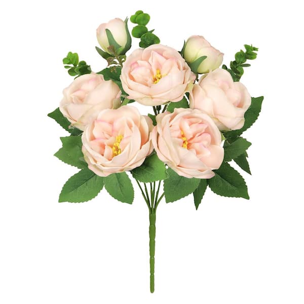 LIVING LUXURY 13 in. Ivory Pink Artificial Cabbage Rose Flower Stem Bush Bouquet (Set of 4)
