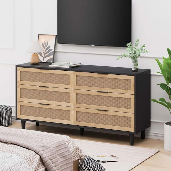 Black 29.53 in. 6-Drawers Rattan Storage Cabinet with White Drawer Slides