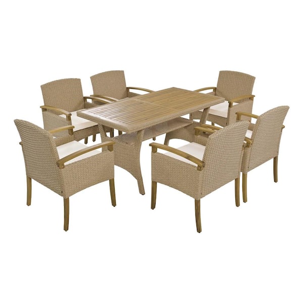 Zeus & Ruta 7-Piece Wicker Patio Outdoor Dining Set with 6 Dining Chairs, 6 White Cushions and Rectangular Dining Table