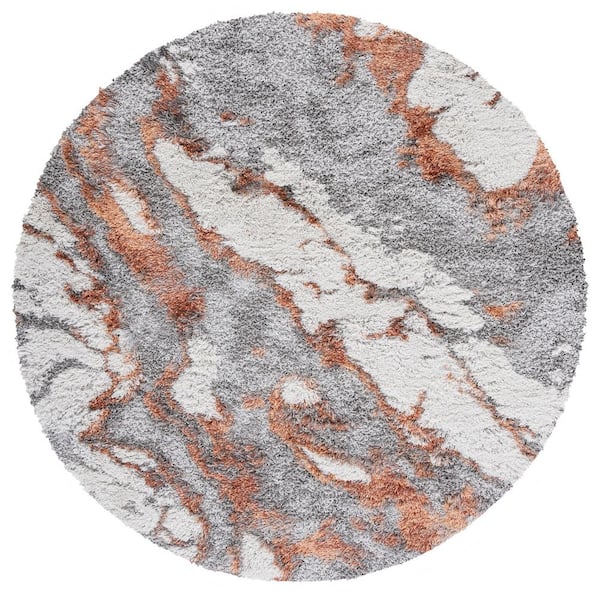 SAFAVIEH Horizon Shag Gray/Rust 9 ft. x 9 ft. Abstract Marble Round ...