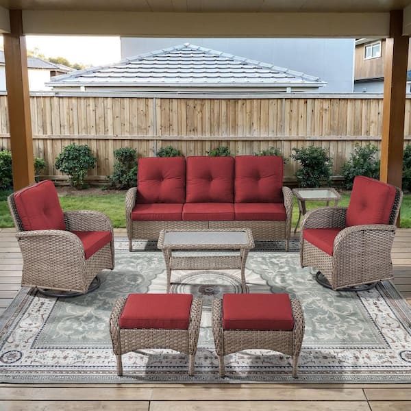 PlainCurve 7-Piece Gray Wicker Patio Conversation Set with Swivel Glider Chairs and Olefin Red Cushions