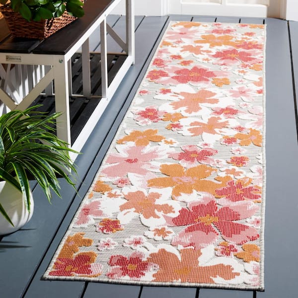 Cabana Gray/Rose 2 ft. x 10 ft. High-Low Abstract Floral Indoor/Outdoor Runner Rug