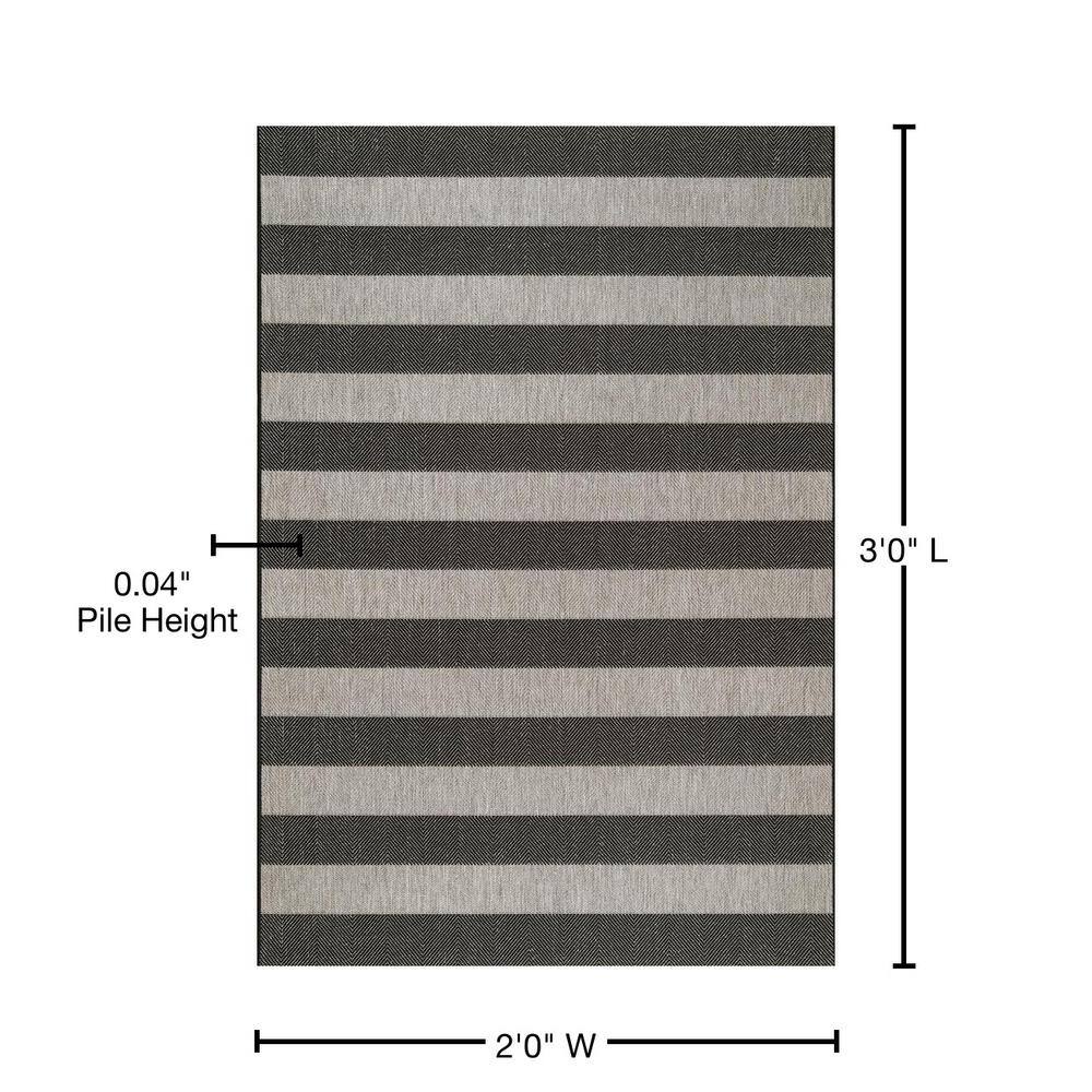 Black and Gray Striped Synthetic Outdoor Area Rug