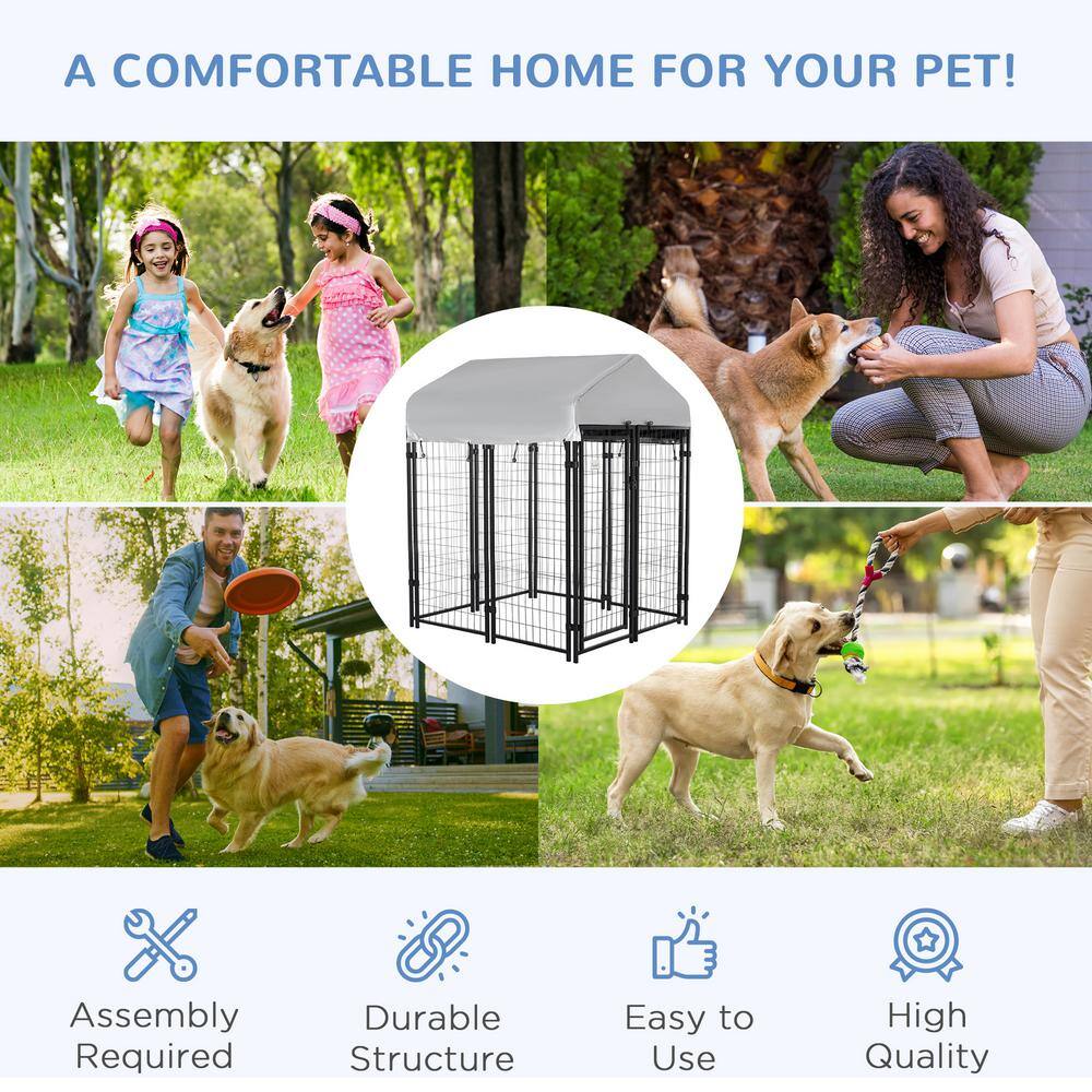 Large Black Steel Outdoor Dog Kennel with UV-Resistant Roof