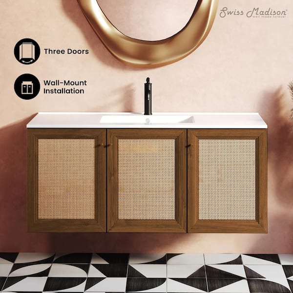 Classe 48 in. Wall-Mounted Bath Vanity in Brown Oak with White Ceramic Sink Top