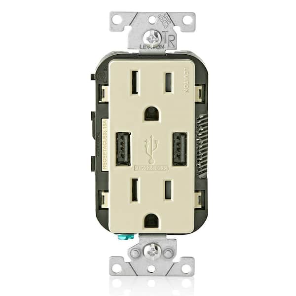 Leviton 3.6A USB Dual Type A In-Wall Charger with 15 Amp Tamper-Resistant Outlets, Ivory