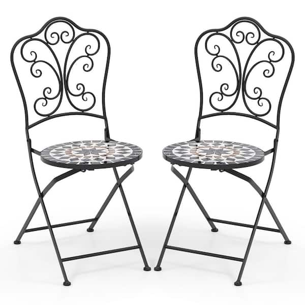 Set of 2 Metal Folding Mosaic Outdoor Dining Chairs in Black