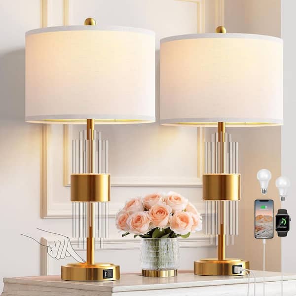 25.5 in. Brushed Gold Table Lamp Set of 2 with USB Ports and Touch Control, White Drum Lamp Shade (LED Bulb Included)