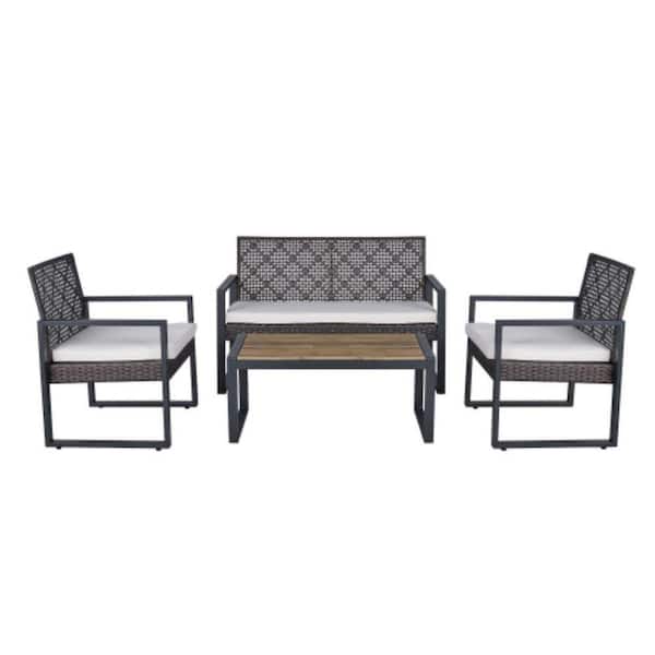 Black 4-Piece Metal Patio Conversation Set with Beige Cushions