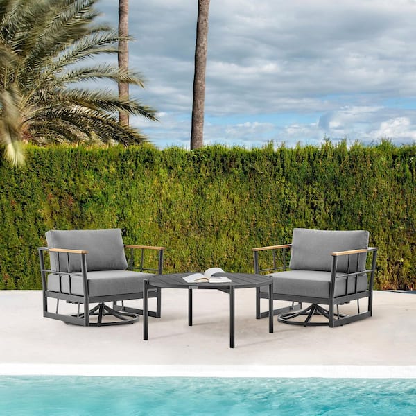 Armen Living Shari and Tiffany Black 3-Piece Aluminum Patio Conversation Set with Dark Grey Cushions