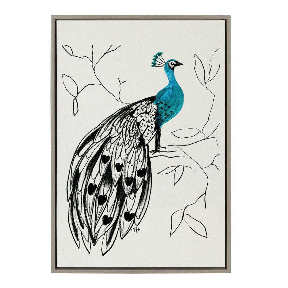 Gray and Blue Peacock Canvas Print with Modern Frame, 23x33