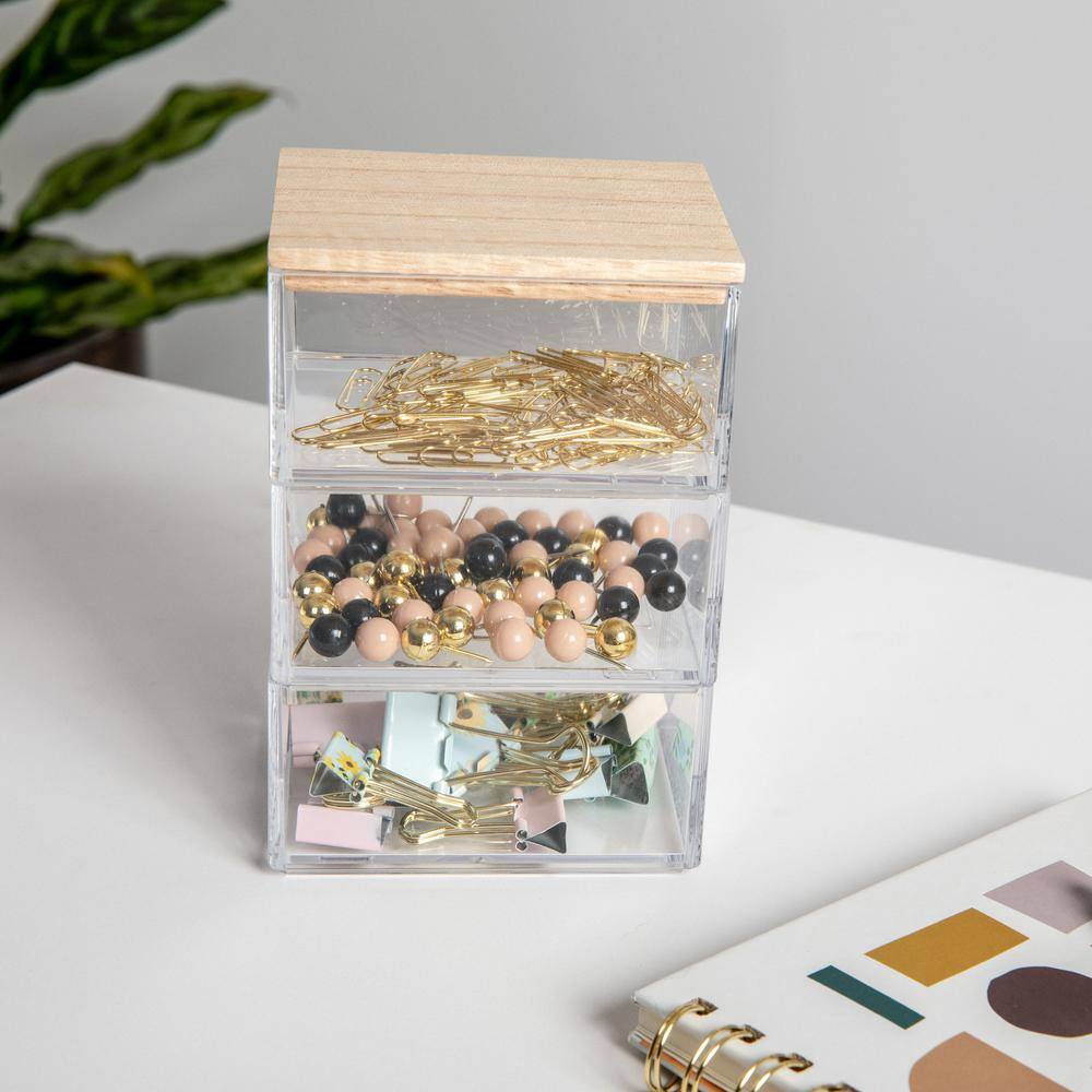 Clear Stackable Plastic Storage Bins with Wooden Lid, 3 Pack