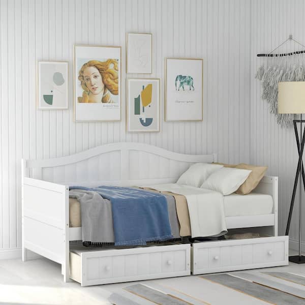 Glenn White+White Wood Frame Twin Size Daybed with 2 Drawers