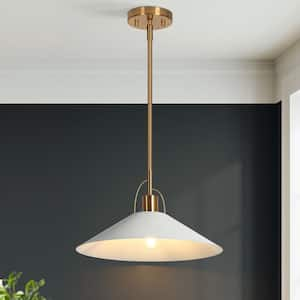 Modern Coastal Pendant Light 1-Light Matte White Island Hanging Ceiling Light with Geometric Bell Shade and Brass Accent