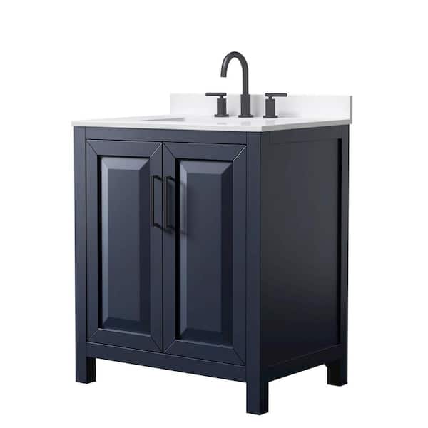 Wyndham Collection Daria 30 in. W x 22 in. D x 35.75 in. H Single Sink Bath Vanity in Dark Blue with Matte Black Trim White Quartz Top