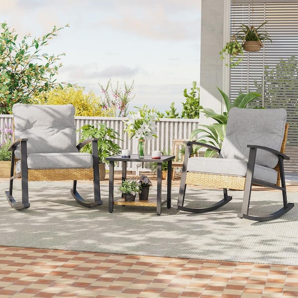 JOYESERY 3 Piece Patio Rocking Bistro Set Outdoor Porch Furniture Patio Chairs (Set of 2) with Side Table and Linen Gray Cushions