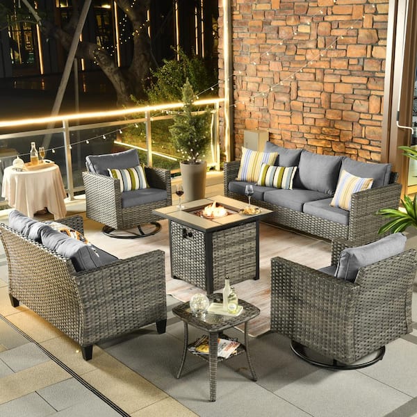 XIZZI Michigan 6-Pcs Wicker Outdoor Patio Fire Pit Seating Sofa Set and with Dark Gray Cushions and Swivel Rocking Chairs