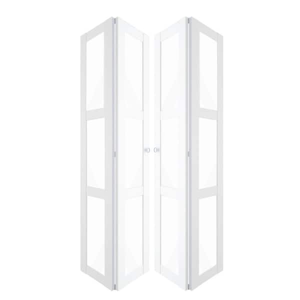 64 in x 80 in 3 Lite, Clear Glass, Solid Core, White, MDF, Water-Proof PVC Covering Bi-fold Door with All Hardware