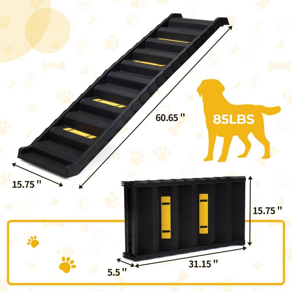 Foldable Black Plastic Pet Ramp with Steps for Cars and Beds