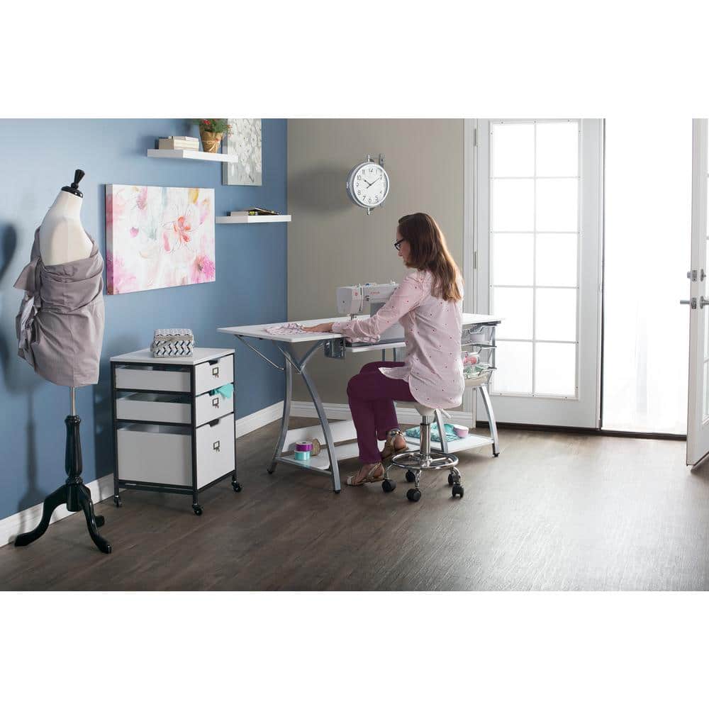 Silver and White Foldable Sewing Table with Mesh Drawers