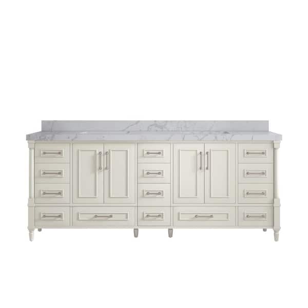 Willow Collections Hudson 84 in. Double Sink Freestanding Alabaster Bath Vanity with Venatino Quartz Top Unassembled