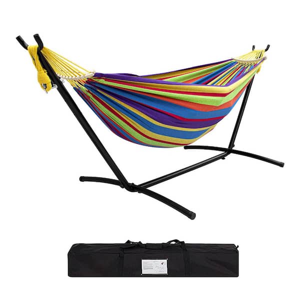 8.5 ft. Portable Rainbow Cotton Hammock Bed with Stand Set with Carrying Bag