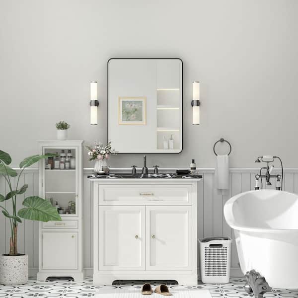 24 in. W x 30 in. H Rectangular Tempered Glass and Aluminum Alloy Framed Wall Bathroom Vanity Mirror in Matte Black