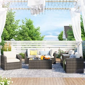 Modern 7-Piece Gary Wicker Outdoor Patio Sectional Set with Beige Cushions, Storage Box