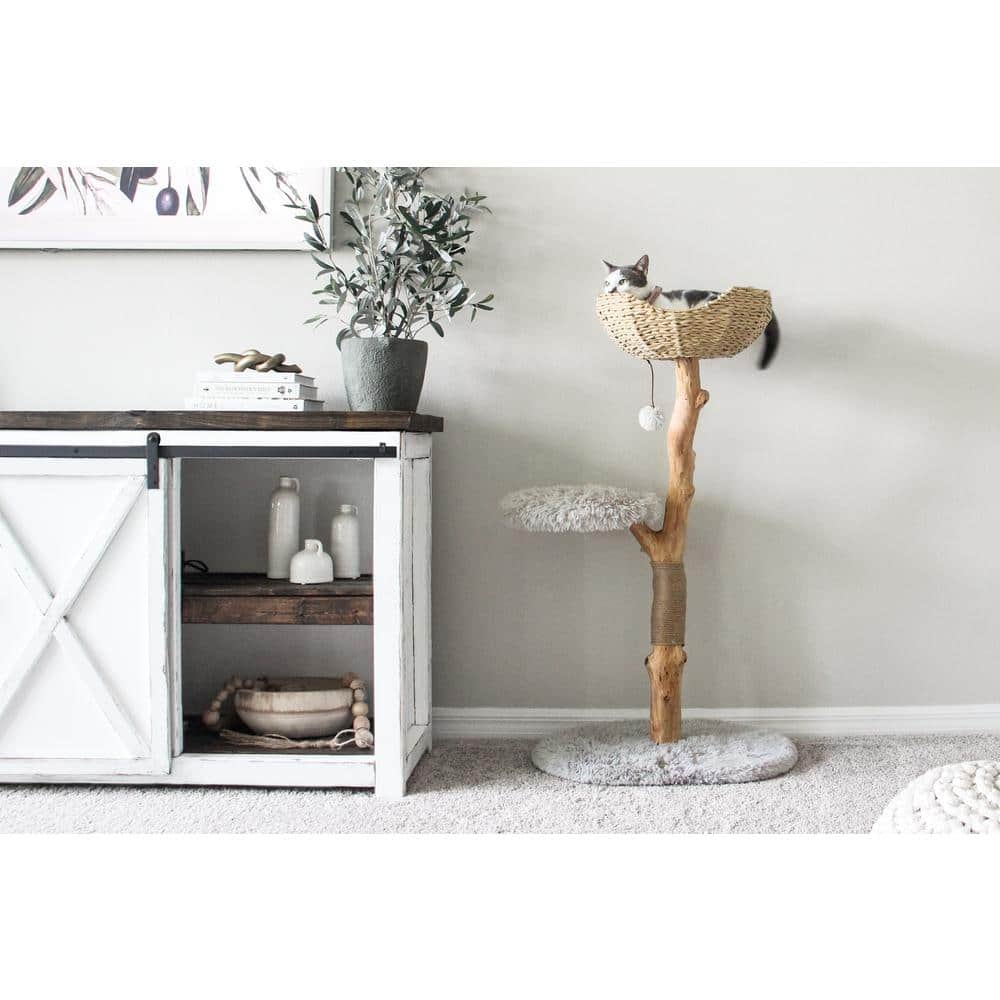 Modern Gray Sisal and Wood Cat Tree Tower