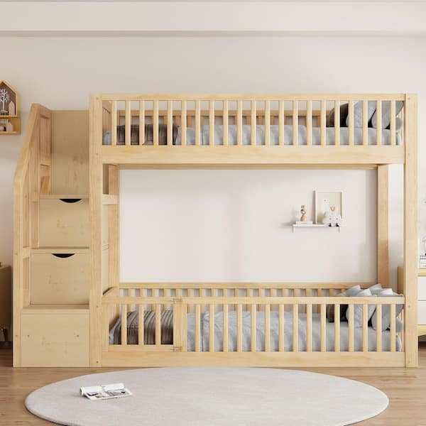 Natural Twin over Twin Bunk Bed with Ladder and Storage