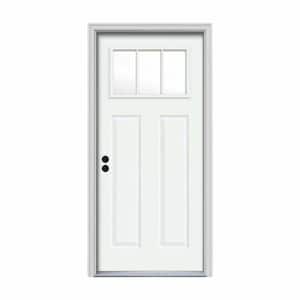 34 in. x 80 in. 3 Lite Craftsman White Painted Steel Prehung Right-Hand Inswing Front Door w/Brickmould