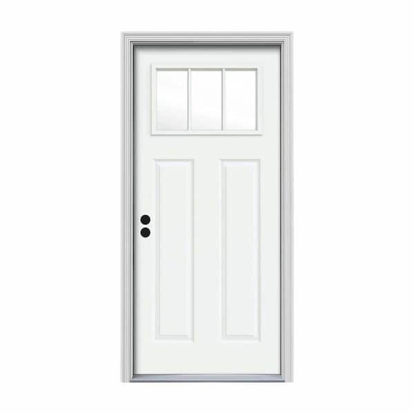 JELD-WEN 34 in. x 80 in. 3 Lite Craftsman White Painted Steel Prehung Right-Hand Inswing Front Door w/Brickmould