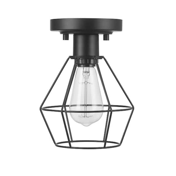 Globe Electric 6.5 in. 1-Light Matte Black Semi-Flush Mount Ceiling Light with Metal Cage Shade, Ceiling Light Fixture, E26 Base Socket