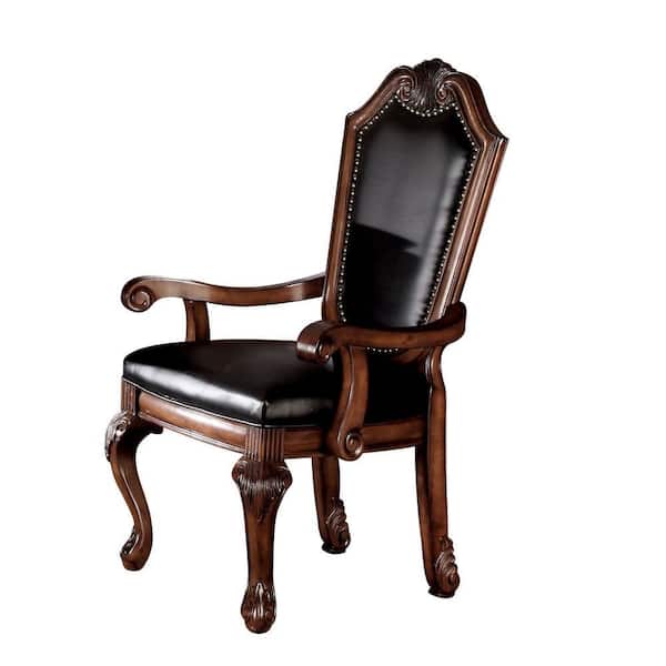 Brown and Black Vegan Faux Leather Nailhead Trim Dining Armchair (Set of 2)