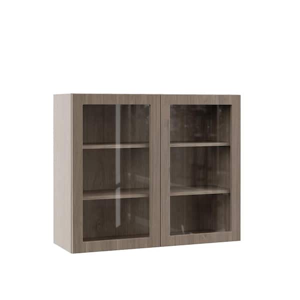 Designer Series Edgeley Assembled 36x30x12 in. Wall Kitchen Cabinet with Glass Doors in Driftwood