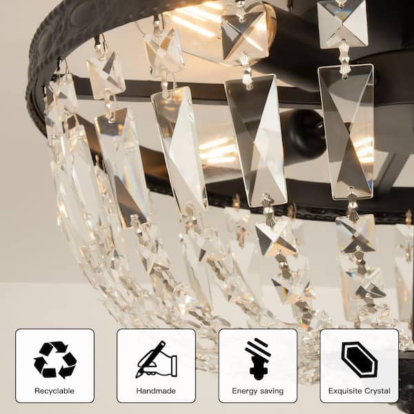 ARISKEEN 20 in. 4-Light Antique Black Flush Mount Crystal Strands
