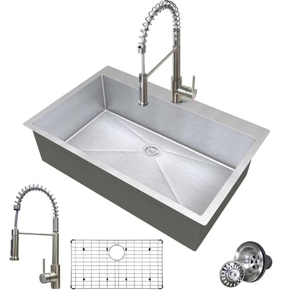 Zeus & Ruta 33 in Farmhouse/Apron-Front Single Bowl Sliver Stainless Steel Kitchen Sink with Accessories