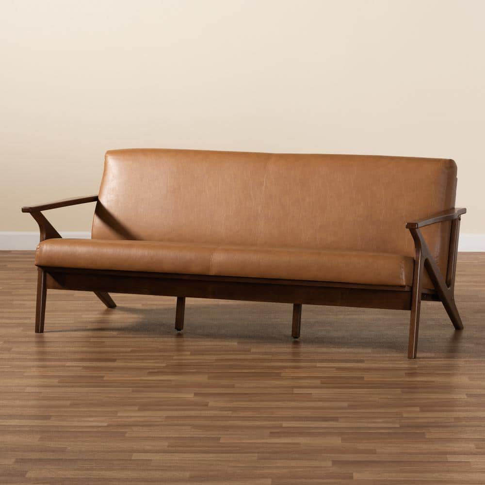 Bianca 72" Tan Faux Leather and Walnut Wood Sofa
